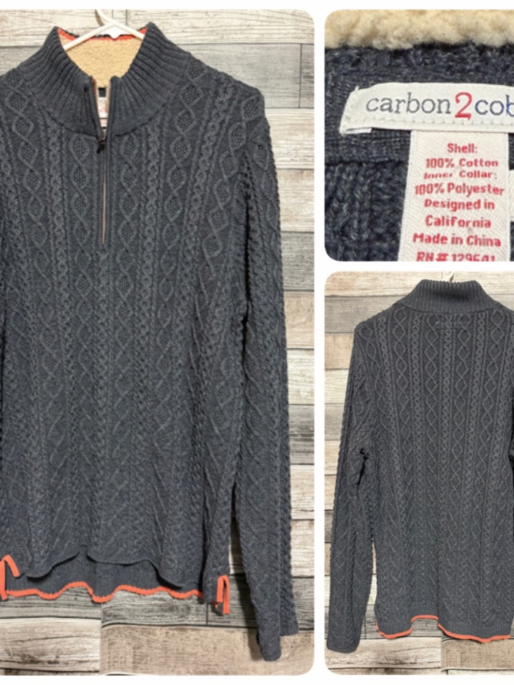 Carbon 2 Cobalt Fisherman Sweater Men’s M Gray Heavy Knit Cotton 1/4 Zip